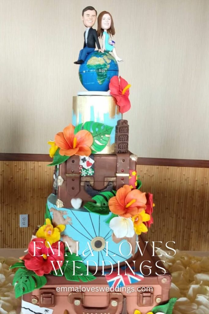 A stylish wedding cake idea for travelers in the shape of a suitcase with a globe and a happy couple seated atop it.