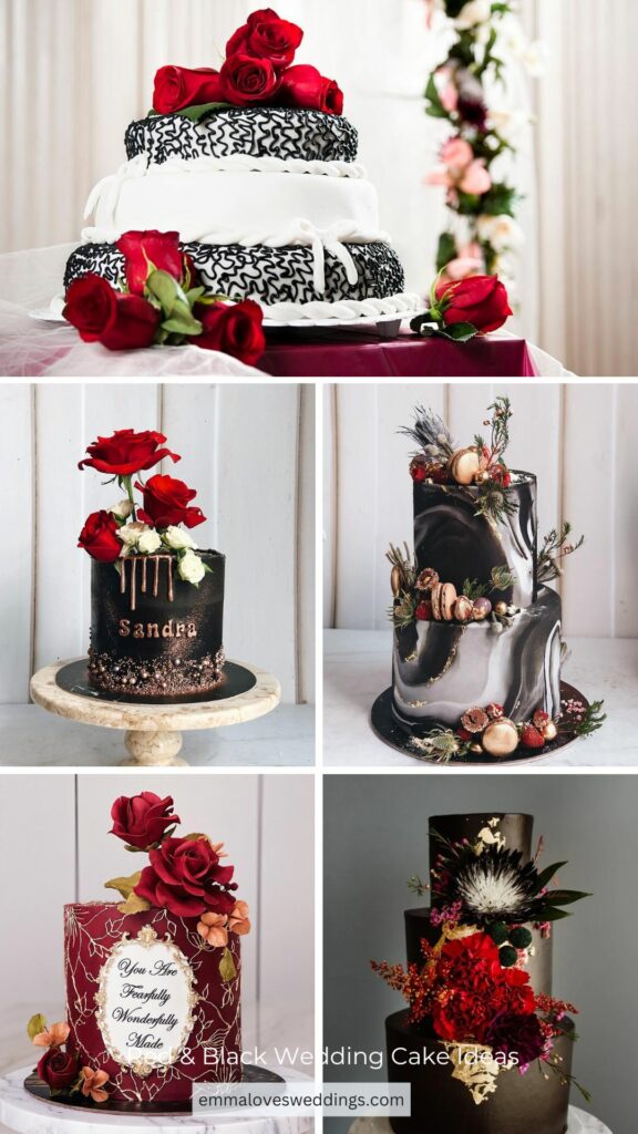 A tasty black wedding cake with small red roses as toppers is a sophisticated take on the classic red and black wedding colour theme