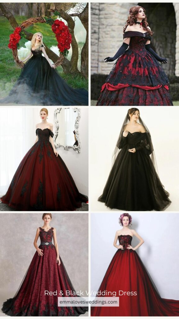 With a touch of daring and uniqueness, a black wedding dress with red accents makes a striking statement.