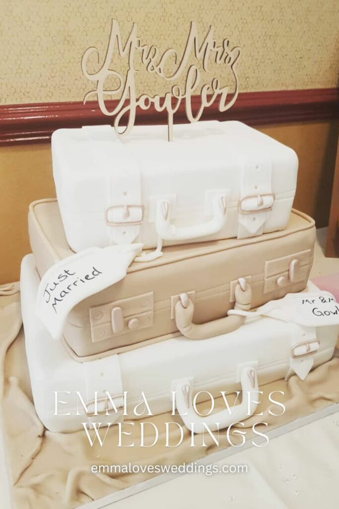 A wedding cake with a whimsical and innovative travel theme with a suitcase topped with the words Mr. Mrs