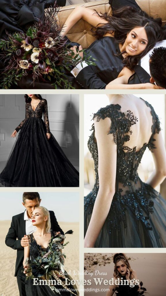 A wedding dress in various hues of black has the ability to convey a wide variety of emotions and styles
