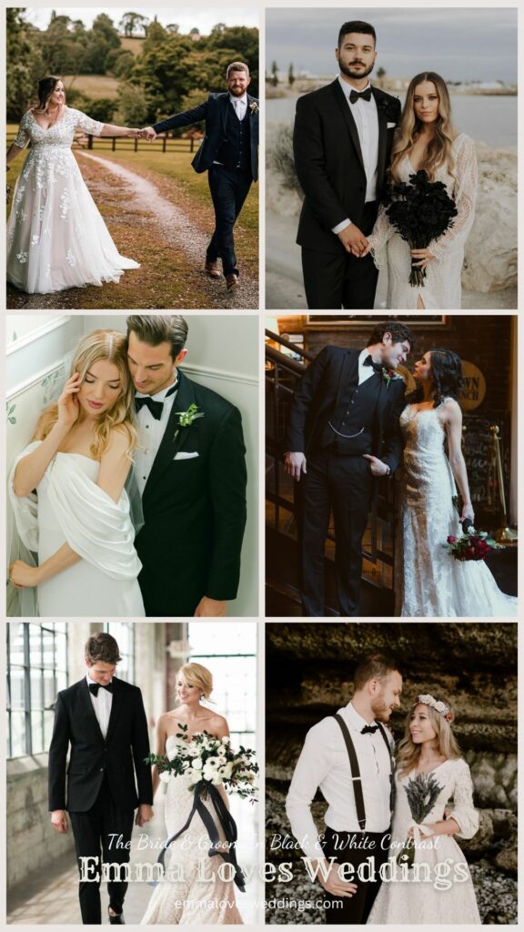 A wedding with a black and white color theme would benefit from having the bride wear white and the groom wear black
