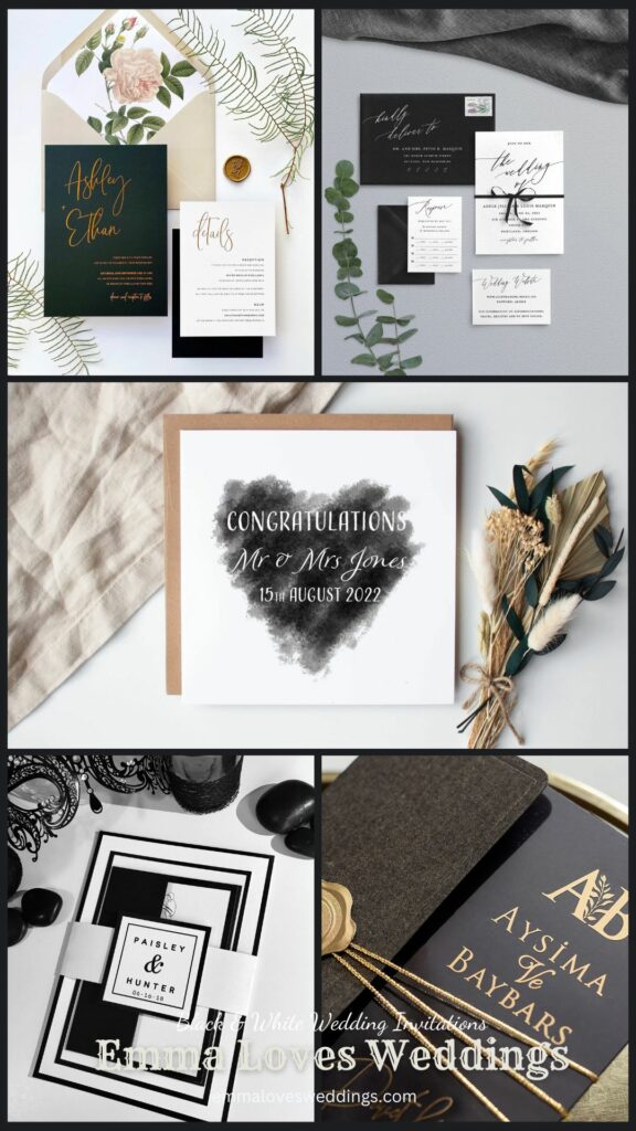 A wedding with a black and white theme allows for a lot of individual flair. Creating the invites for a wedding with a monochrome theme