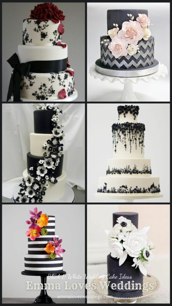A black and white wedding cakes like these is another detail that can't be neglected when planning the big day