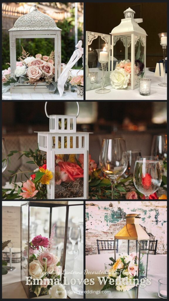 Adding a touch of modern flair to any posh wedding these flower filled lanterns centerpieces are a must have