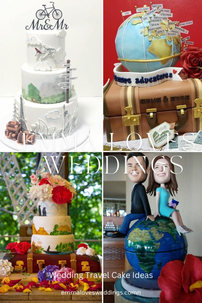 An adorable wedding cake idea for the traveler couple complete with three tiers in the shape of suitcases a map and some smiling newlyweds