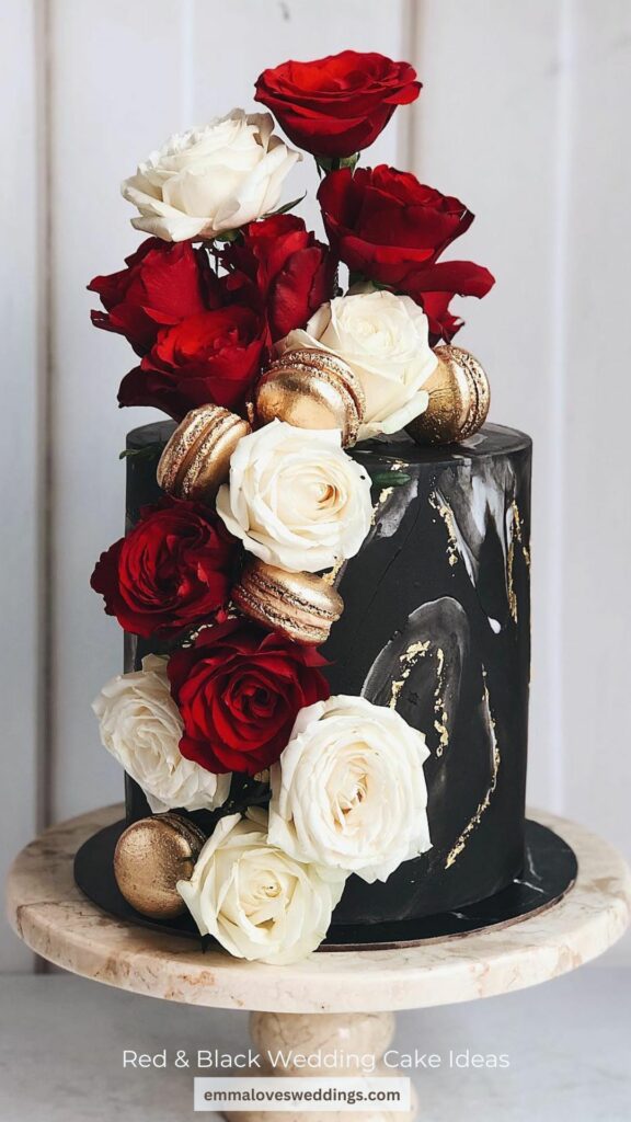 An amazing idea would be a black wedding cake with red and white roses