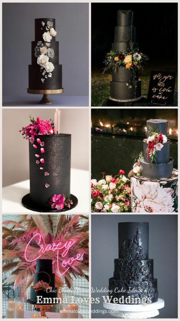 An elegant black wedding cake is a delicious way to round off the festivities