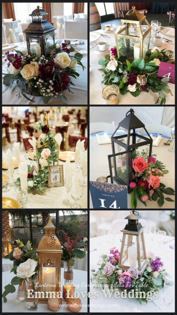 An elegant wedding table centerpiece idea is to use lanterns in the center surrounded by bouquets of flower