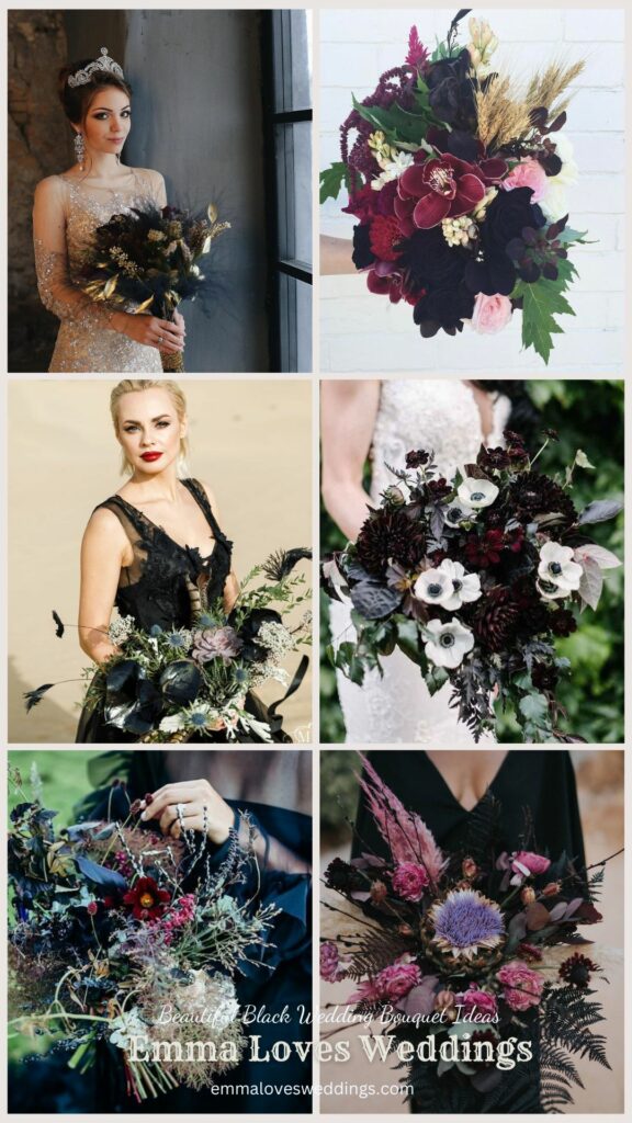 Black adds a dramatic flair to these wedding flower bouquets