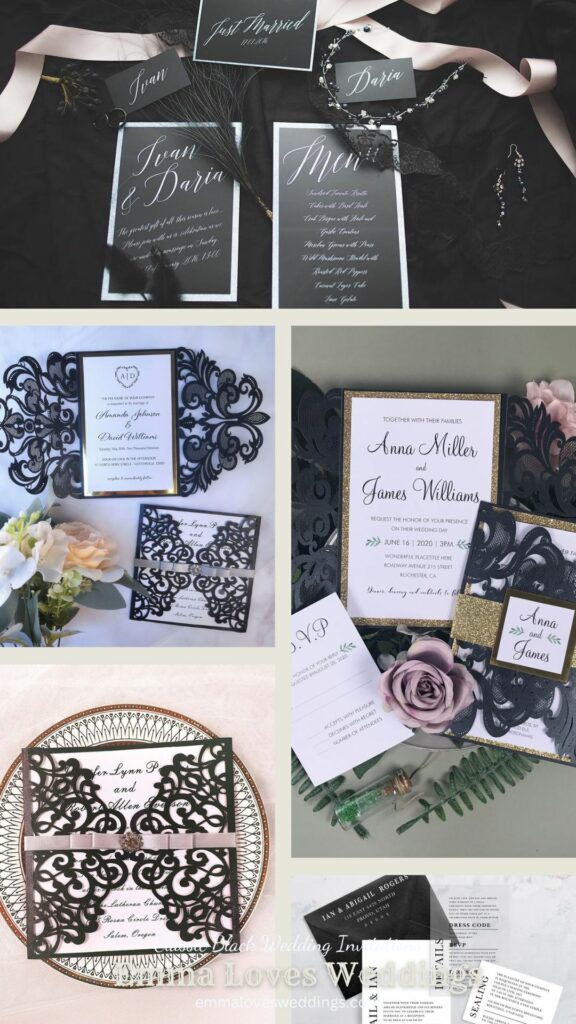 Black wedding invitations like these are the perfect blend of classic and trendy