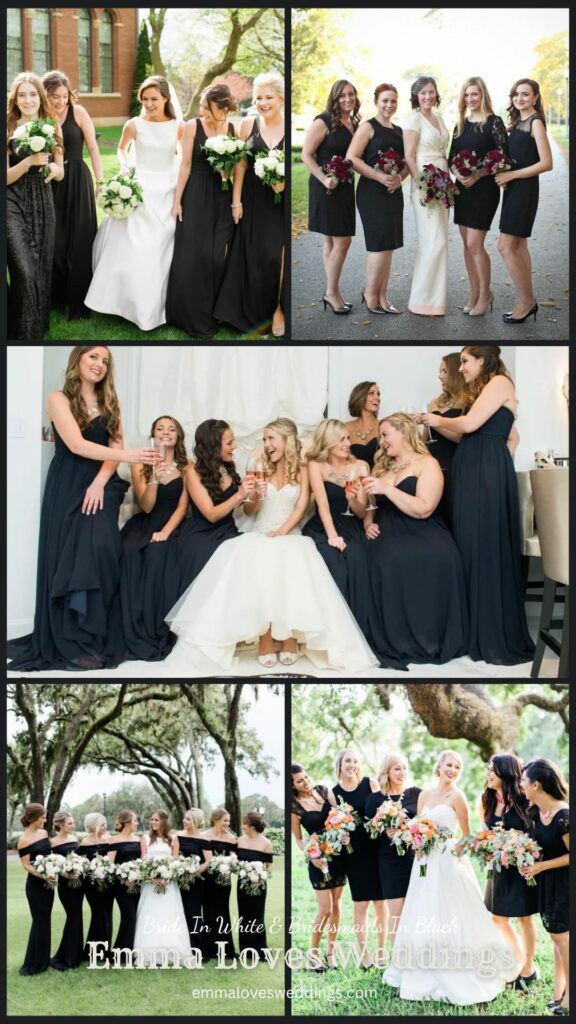 Black and white wedding ideas can create a magnificent event. Think of the stunning contrast between a bride in white and her bridesmaids in black.