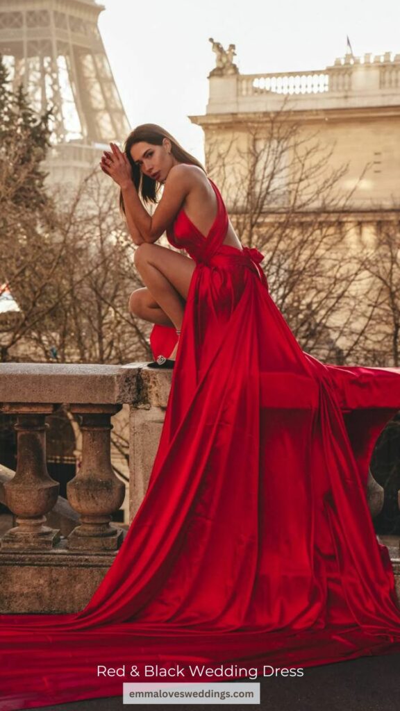 Dianas stunning red satin wedding dress