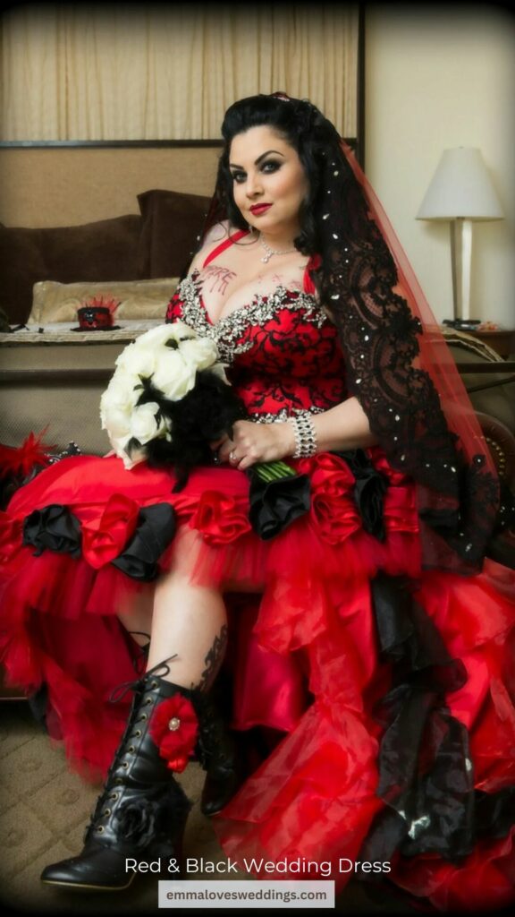 Dress for a Gothic wedding in red and black with hand sewn rhinestones of the highest quality and black embroidery on red satin