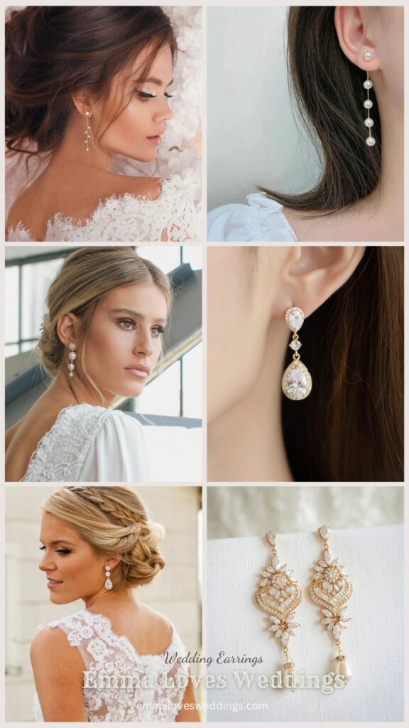 Earrings with a long drop are a great choice for brides to wear with their wedding outfit because they complement the look
