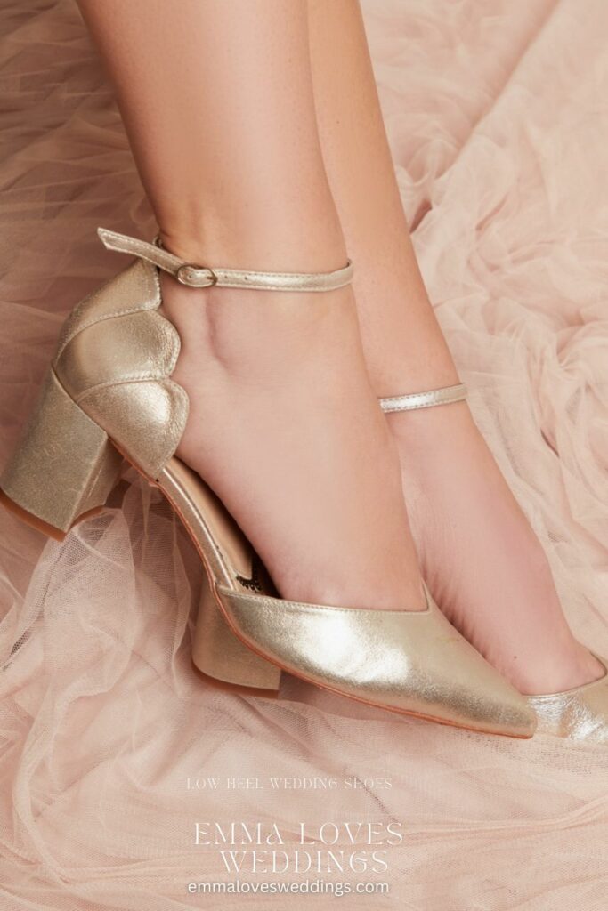 Finely designed with comfort and beauty in mind these golden pairs of low heel shoes for bride are a stunner