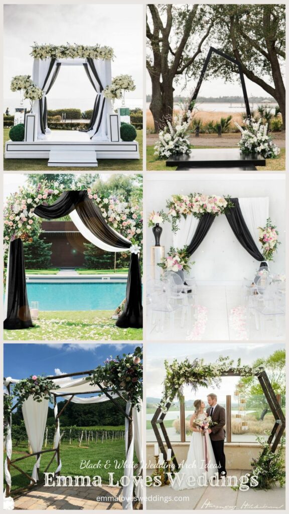 For a wedding with a black and white theme, one of our favorite flower arrangements is a black and white wedding arch