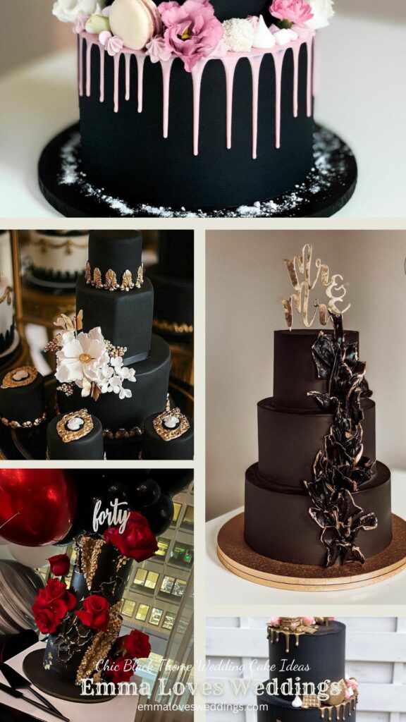 Go for the glitz A black wedding cake decorated with silver or gold topper makes a bold statement