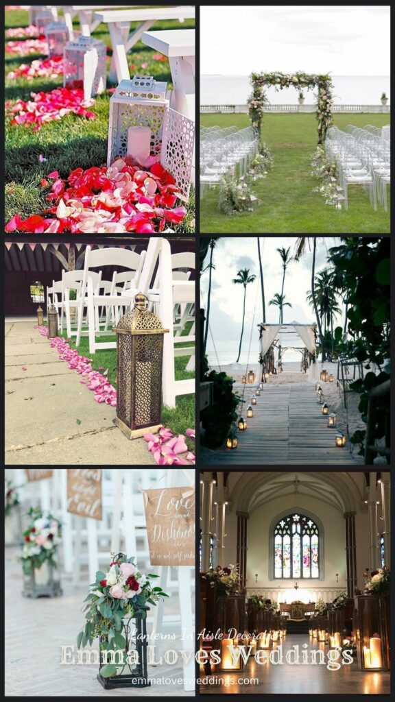 Line the aisle with candle lanterns surround each one with a wreath of flowers that coordinate with the rest of your weddi