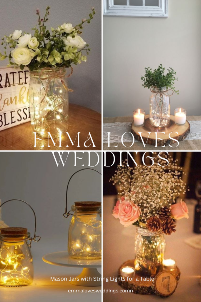 Mason jar centerpiece lamps with their warm tones of brown and yellow are perfect for a wedding event