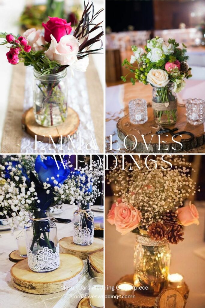 Mason jars with flowers whether real or artificial made of paper wood silk etc. are an elegant decoration for any event