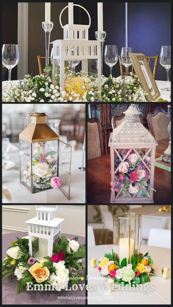 One great way to add some life and color into your wedding centerpiece is with these flower decorated lanterns