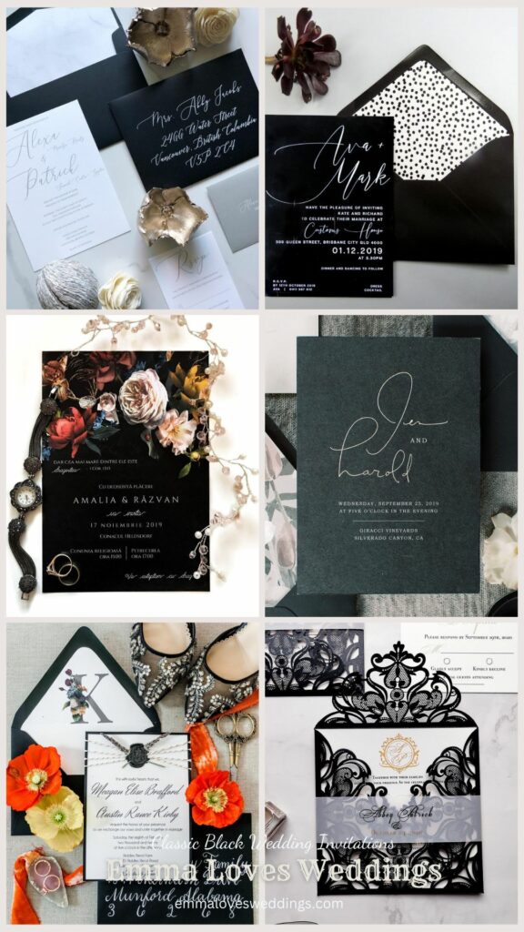 Selecting a dark color theme for your wedding invites will add an air of mystery to your big day