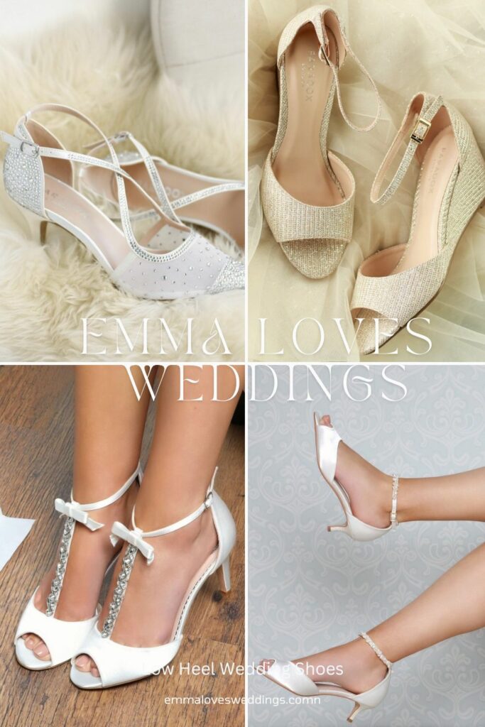 The bride to be who wears these white low heeled shoes will undoubtedly be the center of attention