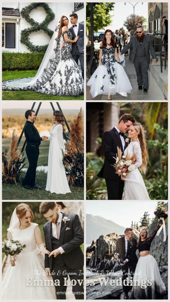 The contrast between the bride's white dress and the groom's black suit creates a stunning visual effect