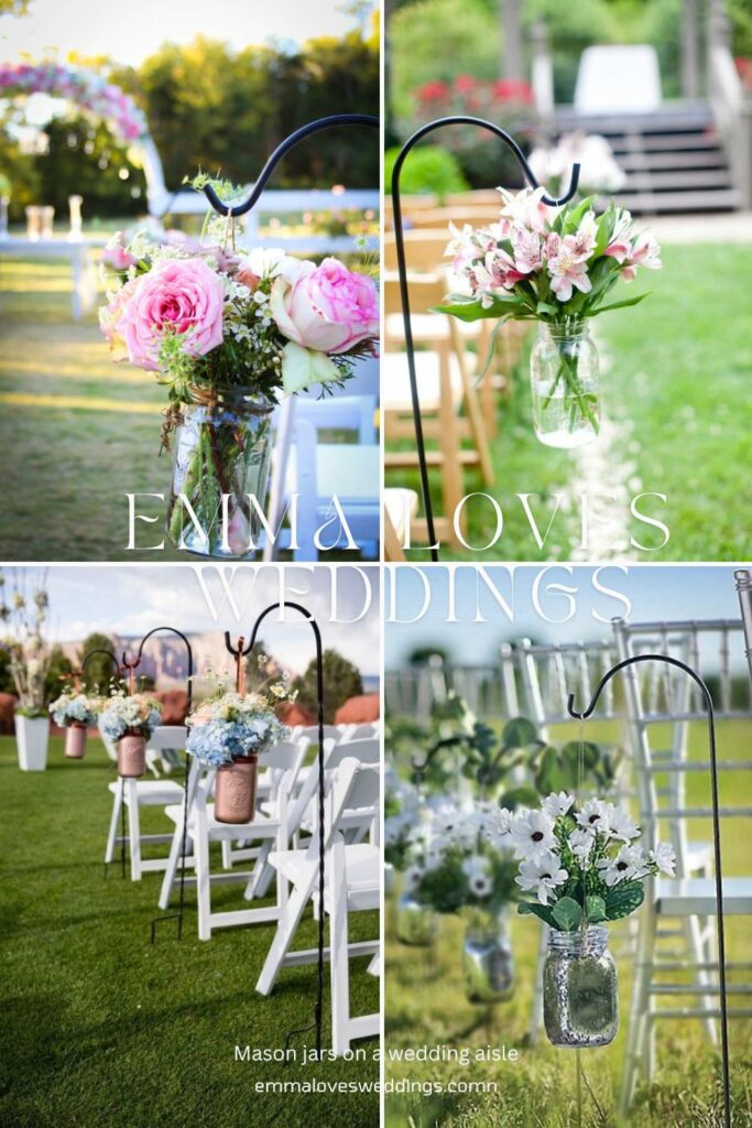 The use of mason jars as centerpieces on a wedding aisle is one of the most creative and affordable ideas