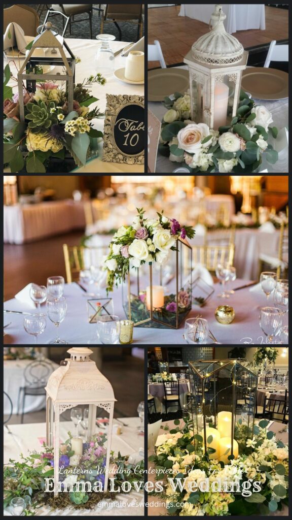 There is nothing more traditional at a wedding than lantern centerpieces surrounded by wreath of fresh flow