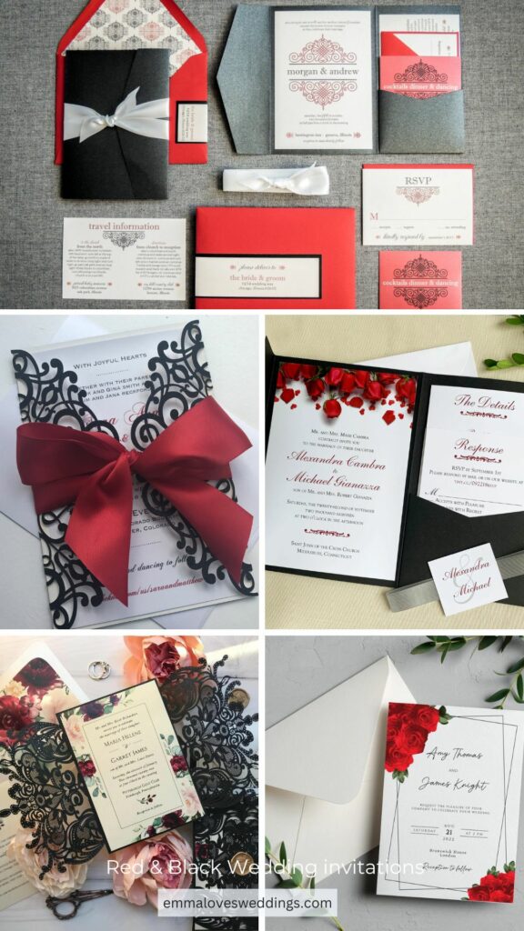 There is something classic and refined about black wedding invitations with red bows and flowers