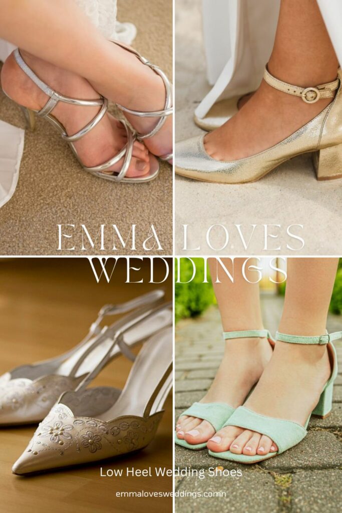 These elegant wedding shoes feature a low heel are comfy. They will look great with any wedding dress you choose to wear