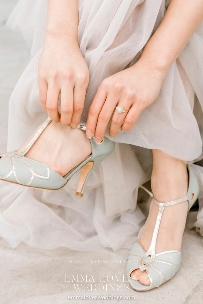 This pair of pistachio green low heeled wedding shoes is ideal for fashion forward brides