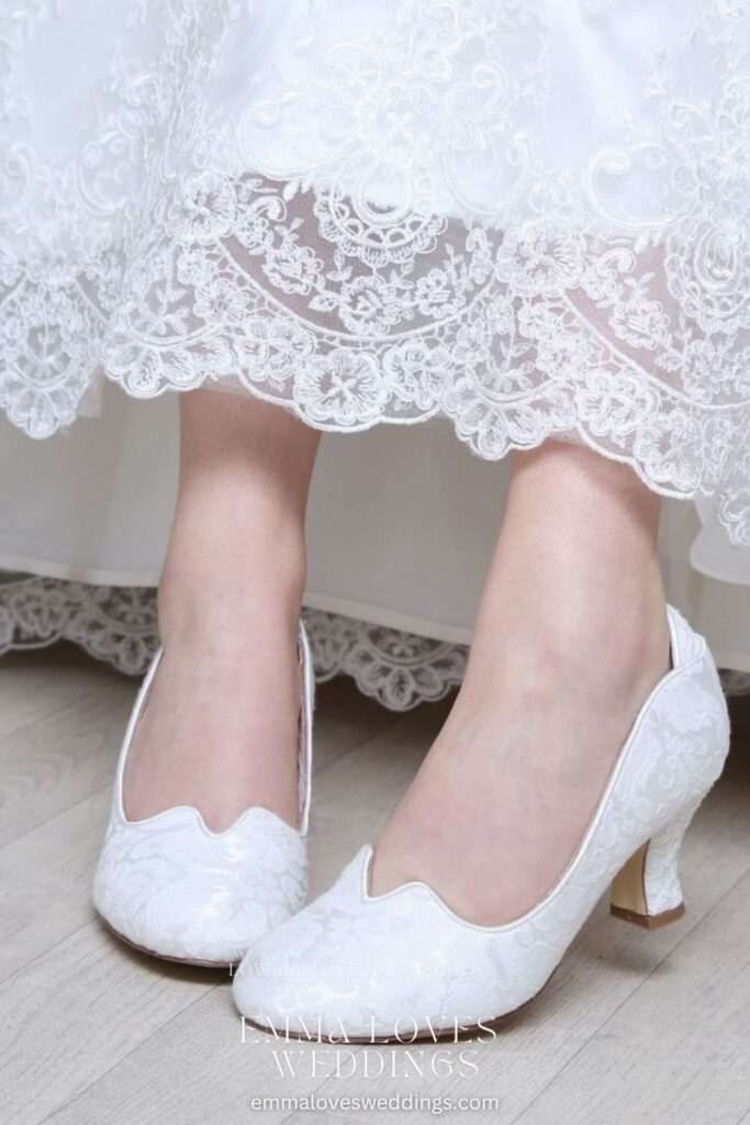 This white wedding shoes have a low heel yet still manage to look and feel like a pair of pumps making them the perfect shoe for a wedding