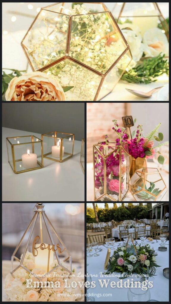 Using geometric lanterns and votive candles will make your wedding centerpieces stand out from the crowd