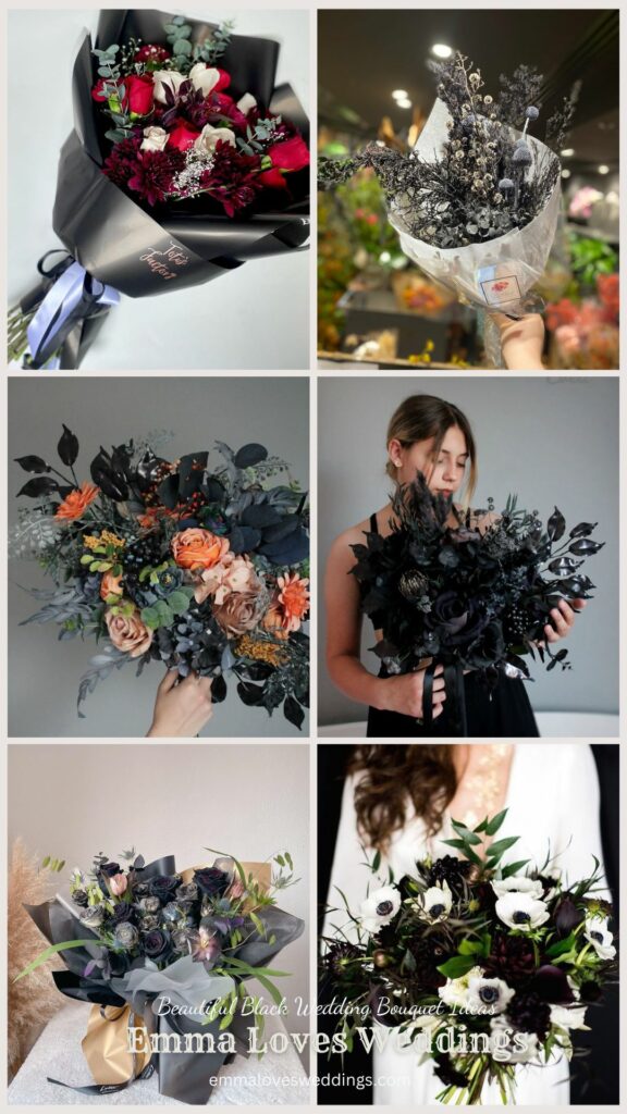 You can make a stunning impression by pairing the right bridal dress with some dramatic black flower bouquets