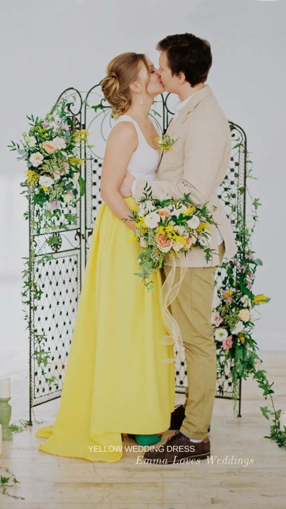 A beautiful yellow and white wedding dress for a tropical spring wedding
