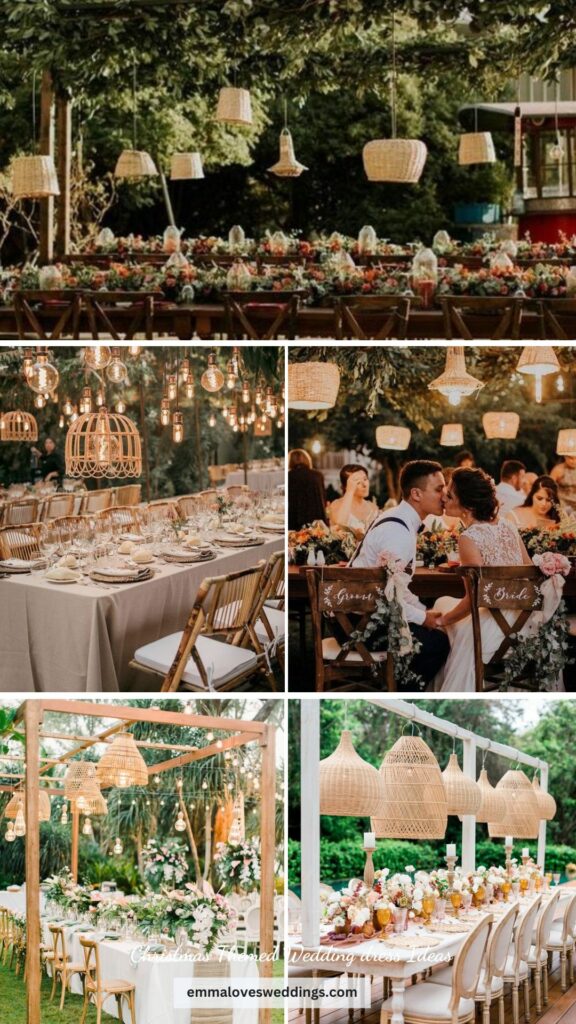A bohemian touch is provided to the otherwise neutral event by the use of chandeliers adorned with greenery. Best wedding reception ideas!