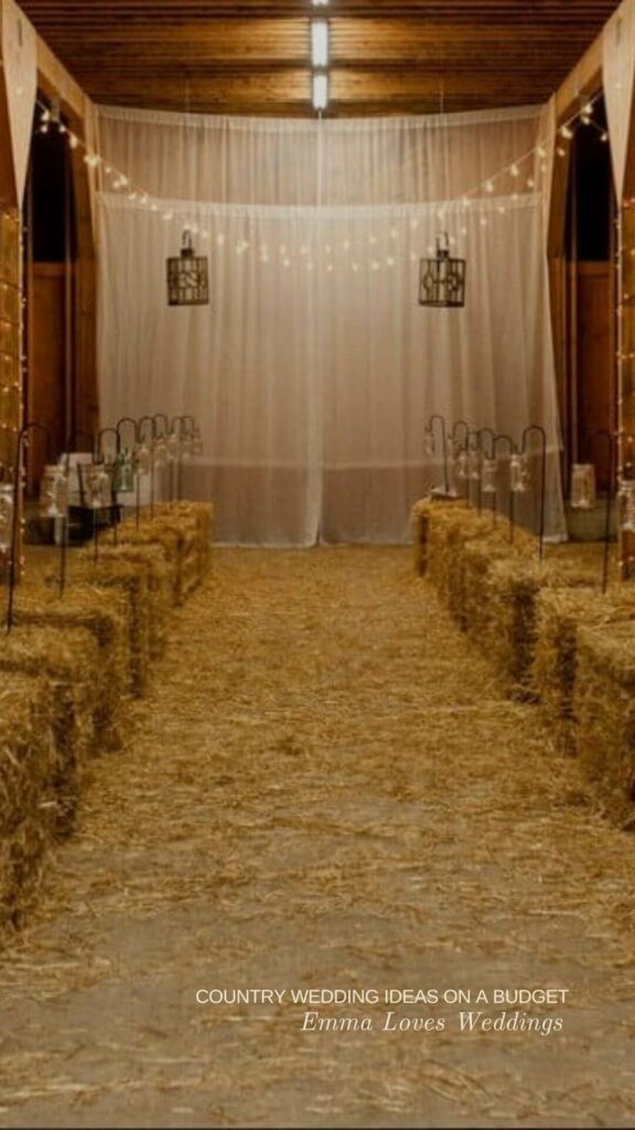 A cheap and easy way to decorate the aisle at a country wedding is using hay bales