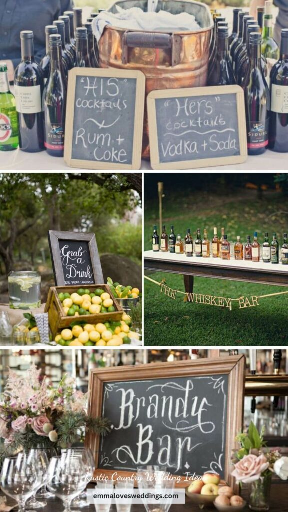 A sophisticated wedding sign is displayed over a rustic country wedding bar that is stocked with delicious treats.