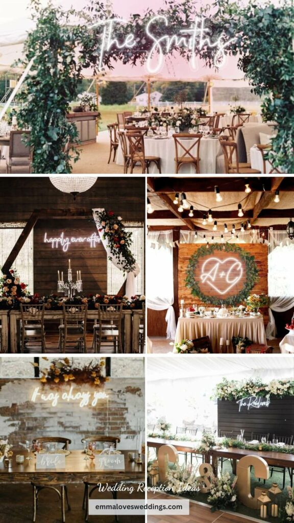A timeless choice for wedding decoration is to incorporate neon signs into wedding reception ideas.