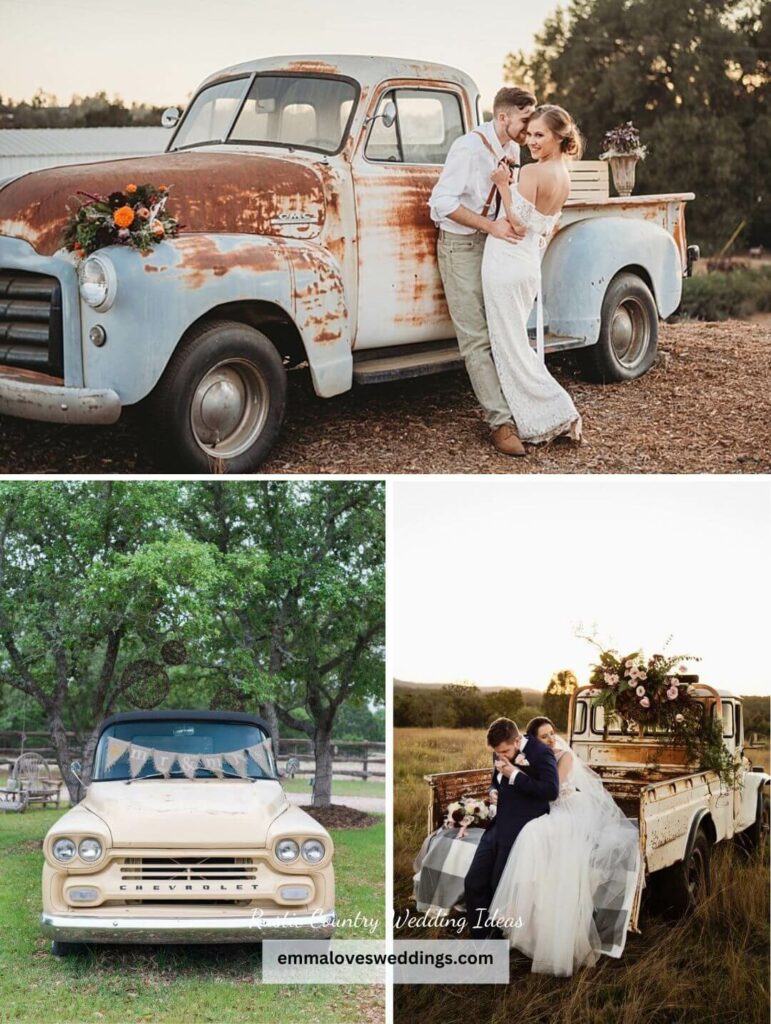 At a rustic country wedding, the newlyweds their old car are impossible to miss