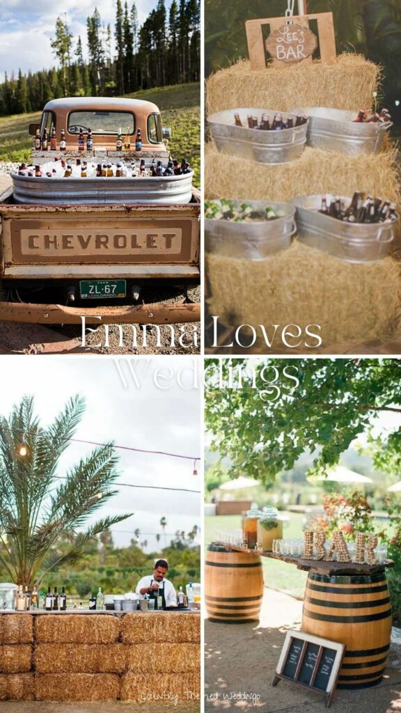 Because of the casual nature of the rustic country theme, the possibilities for the reception bars are virtually endless.