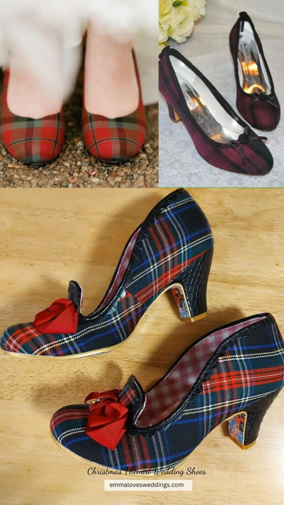 Both your attire and your reception can be festive. Put on some Christmas themed tartan plaid or buffalo check heels under your outfit