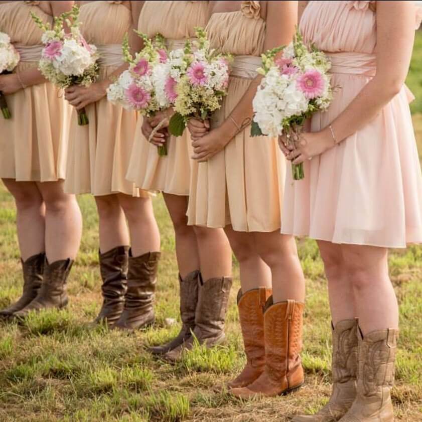 Bridesmaid in peach Country wedding dresses with boots