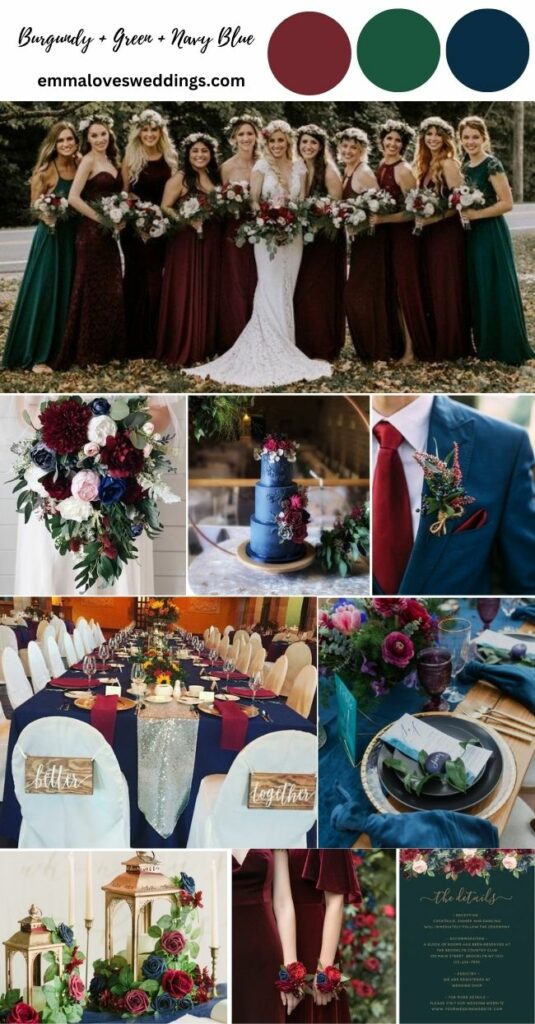 Burgundy Green and Navy Blue wedding color ideas for festive wedding