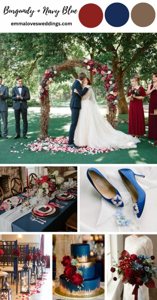 Burgundy Navy Blue and Gold will create a gorgeous classy ambiance for your wedding