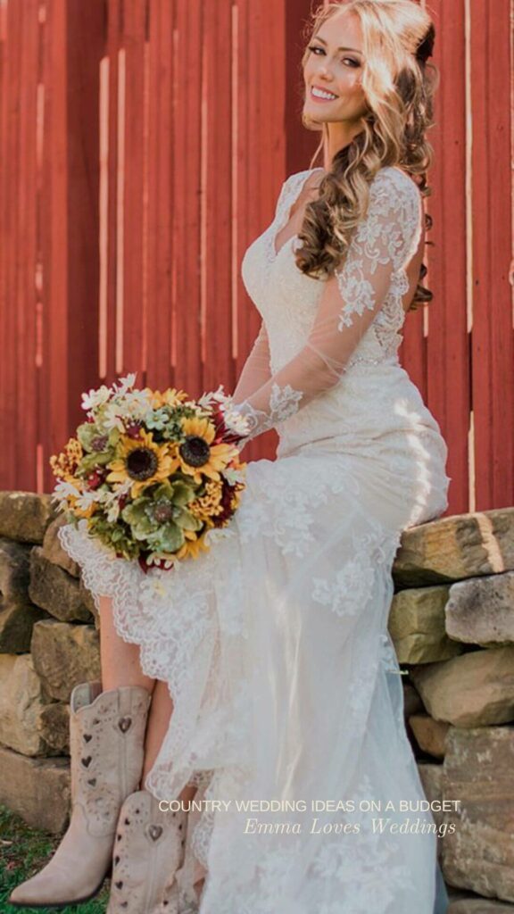 Charming white dress and a bunch of sunflowers the perfect elements for a country wedding.