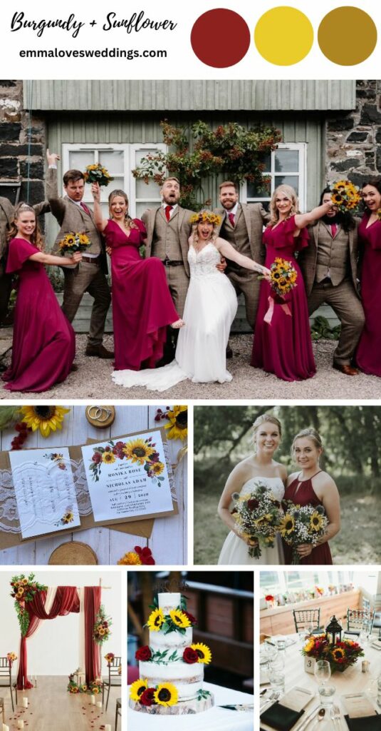 Colors like burgundy and sunflower yellow make for lovely complementary contrast in fall wedding color combinations